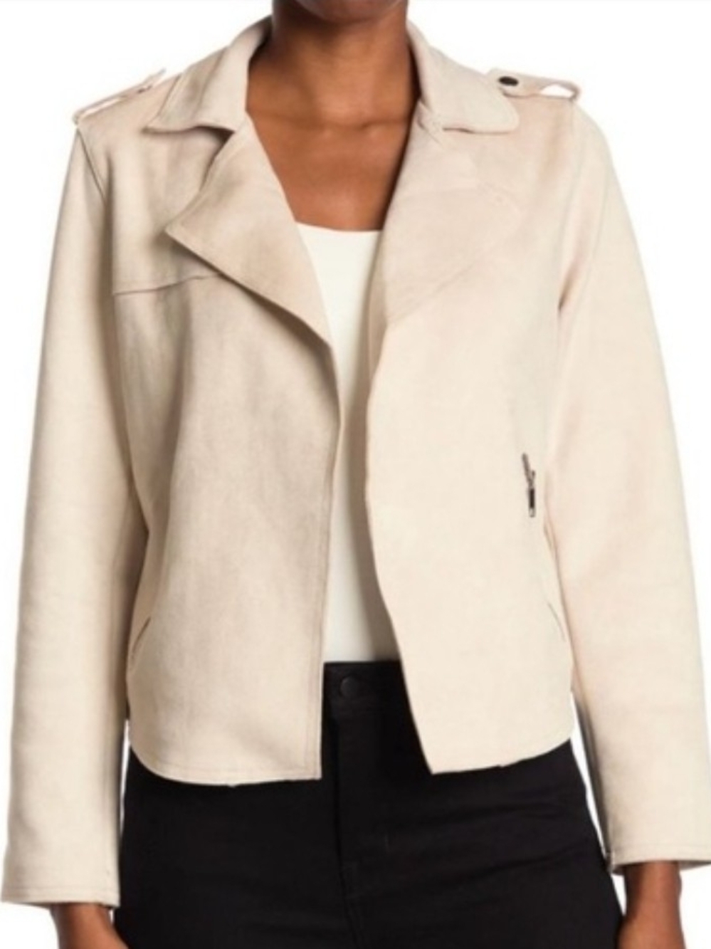 T Tahari Light Cream Faux Suede Crop Moto Blazer Jacket XL